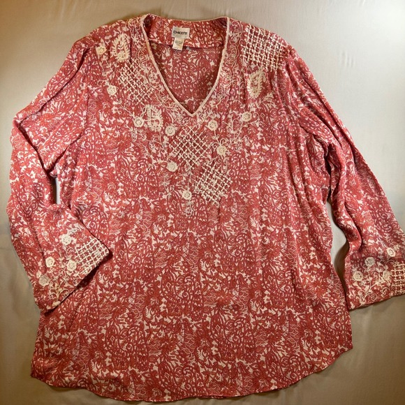 Chico's Tops - Chicos Tunic Blouse Coral Paisley Embroidered V-Neck Rayon Top Womens Size 3 XL